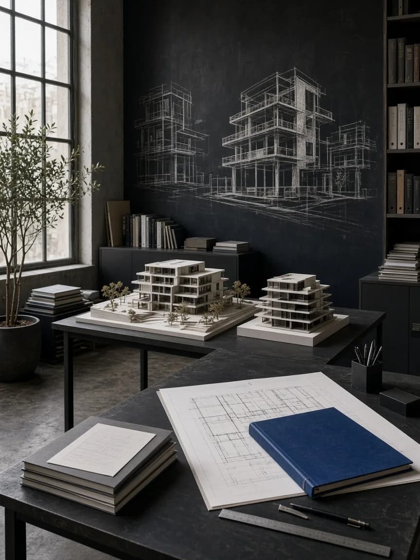 Editorial studio atmosphere with architectural models and chalk light