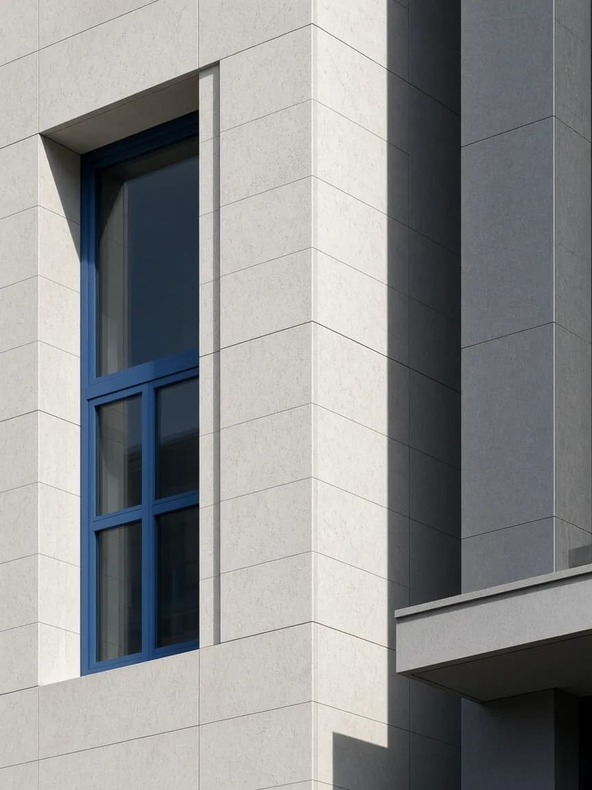 Contemporary British hotel facade in limestone and graphite daylight